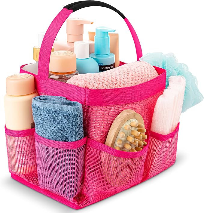 Masirs Shower Caddy Mesh - 9 Pocket Portable Bathroom Organizer Tote for Travel, Gym & Dorm - Collapsible Small Shower Caddy Bag to Hold Toiletries & Essentials (Pink) by Masirs