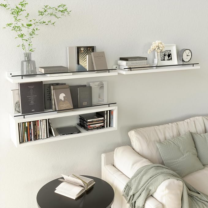 WOPITUES Floating Shelves for Wall 24 inch with Cube Shelf, Wall Shelves with Metal Rail for Bathroom Decor, Bathroom Organizers and Storage, Over Toilet Shelves, Toilet Paper-White - Image 6