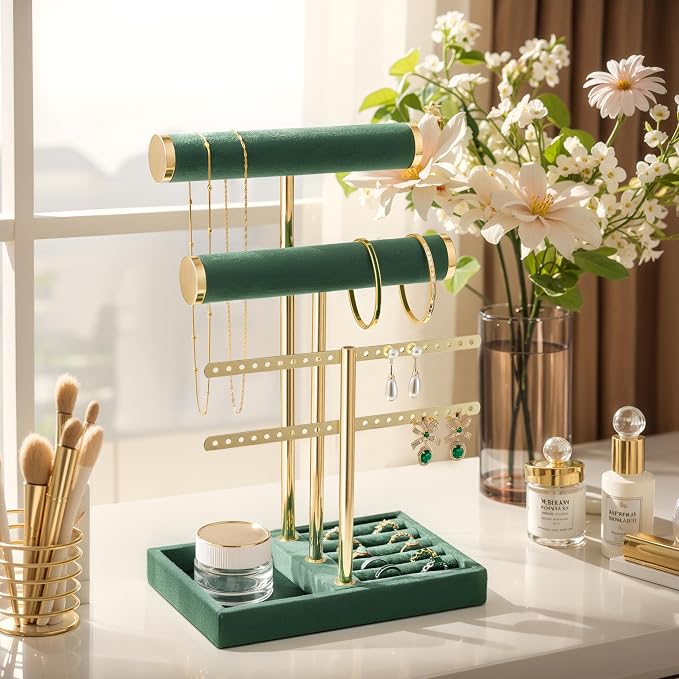 bussdis 3 Tier Bracelet Holder Display - Detachable T Bar Dark Green Velvet Bracelet Holder, Jewelry Holder Organizer for Bracelet, Necklace, Earrings, Rings - Image 4