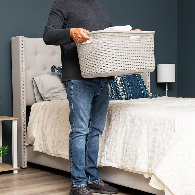 Mind Reader 40L Laundry Basket, Clothes Hamper, Premium Wicker Design, Plastic, Set of 2, Ivory - Image 2