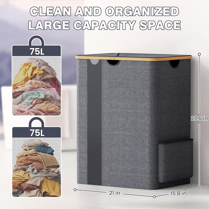 BlissTotes Laundry Basket with Lid, 150L Clothes Laundry Hamper with Handles and 2 Removable Laundry Bag, Breathable Design Hamper with Lid for Bedroom, Bathroom, Dorm, Laundry Room - Light Grey - Image 7