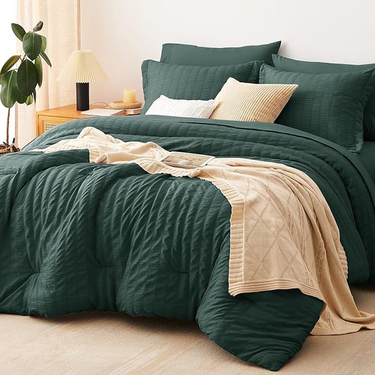 CozyLux Queen Comforter Set Forest Green Seersucker 7 Pieces Bed in a Bag Queen Comforter Set with Sheets, Luxury Bedding Sets with Down Alternative Comforter, Sheets, Pillowcases & Shams All Season