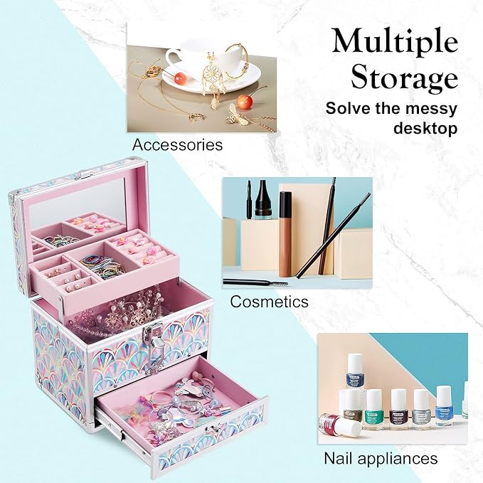 Hododou Girls Jewelry Box Organizer with Drawer & Mirror, Mermaid Tail Style Lockable Storage Case for Kid or Little Girls Jewelry and Hair Accessories - Image 5