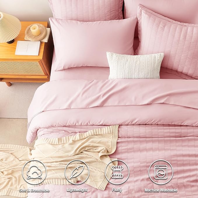 CozyLux King Size Comforter Set Pink Seersucker 7 Pieces Bed in a Bag King Comforter Set with Sheets, Luxury Soft Bedding Sets with Down Alternative Comforter, Sheets, Pillowcases & Shams All Seasons