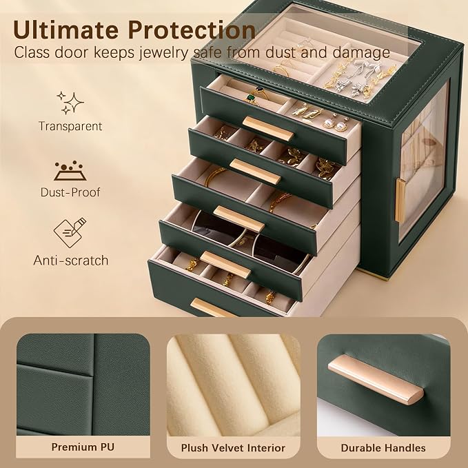 Homeanda Jewelry Box for Women with Glass Lid, 5 Drawers Jewelry Organizer and Storage for Necklaces, Rings, Earrings, Bracelets, Gift for Girls and Teens,PU Leather (Green) - Image 4