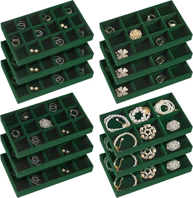 Junkin 12 Pcs Jewelry Tray Velvet Stackable Jewelry Organizer Trays Divided Earring Accessories Storage Containers Box (Rose Red) by Junkin