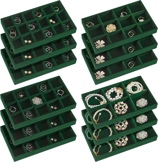 Junkin 12 Pcs Jewelry Tray Velvet Stackable Jewelry Organizer Trays Divided Earring Accessories Storage Containers Box (Rose Red) by Junkin