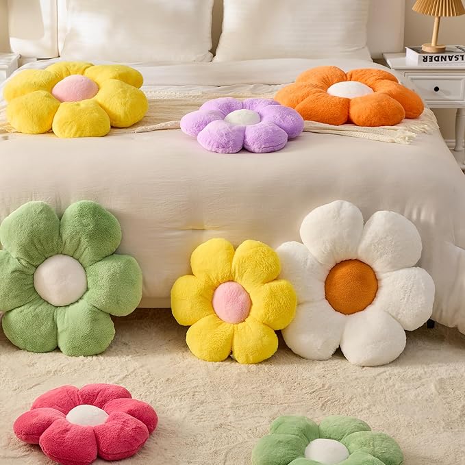CANGHI Flower Pillow, White Yellow 19.68 inch Flower Shaped Throw Pillows Daisy Plush Pillow Floor Pillows Seat Cushion Cute Aesthetic Decorative Throw Pillows for Bed Home Sofa Chair Couch Decor