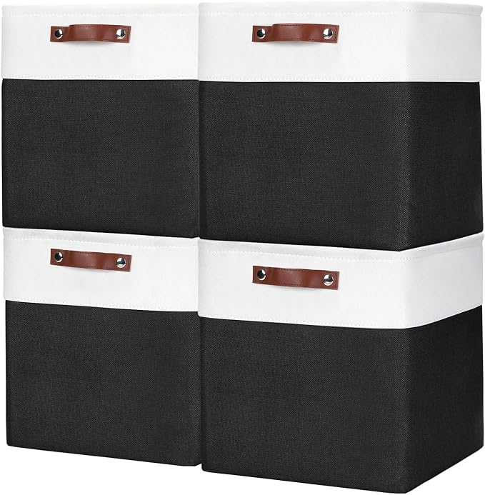 Bagnizer 13x13 Cube Storage Bins, Collapsible Fabric Storage Box, 4 Pack Closet Baskets with Handles for Organizing, Shelf, Toys, Clothes, Home, Office, Nursery (Black&White) by Bagnizer