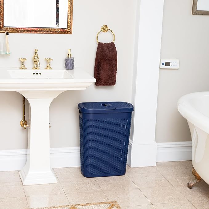 Mind Reader Slim Laundry Hamper with Lid, 40L Clothes Basket, Narrow Tapered Design with Ventilated Cutout Pattern, Plastic, Navy - Image 5