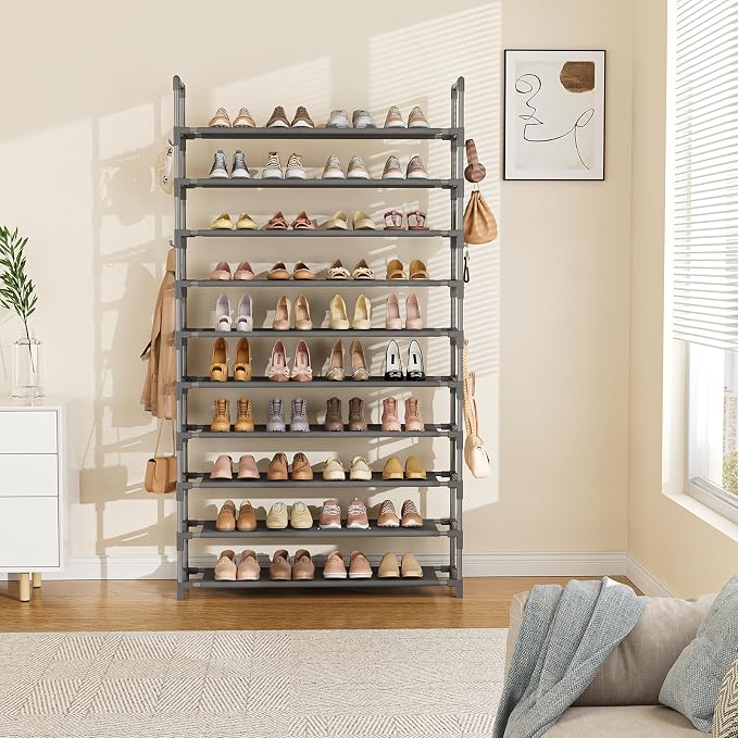 LANTEFUL Tall Shoe Rack 10 Tier Shoe Organizer Large Shoe Shelf with 18 Hooks Storage for 50 Pair Sneaker and Boot, Stackable Vertical Shoe Rack Organizer for Closet, Entryway, Bedroom, Grey - Image 7