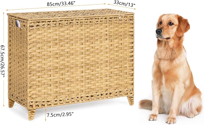 Laundry Hamper with 4 Removable Liner Bags; 176L Handwoven Rattan Laundry Basket with Lid & Heightened Feet; Clothes Hamper with Side Handles - Image 7