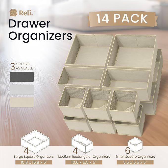 Reli. Drawer Organizer Clothes (14 Pack) | Dresser Drawer Organizers & Nursery Organization | Foldable Fabric Dresser Storage Dividers for Bras, Nursery, Changing Table, Baby Clothes, Clothing (Beige) - Image 2