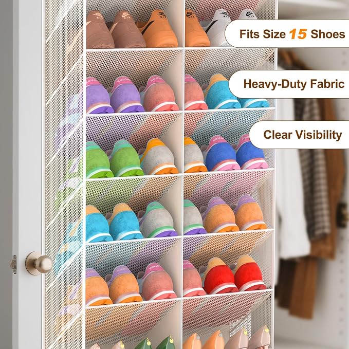 UVIAHOMI 20-30 Pairs Over the Door Shoe Organizer, Breathable Pocket Hanging Shoe Storage for Closet, 10-Tier Door Shoes Rack, Handing Shoes Holder Fit All the Family's Sneakers, Boots, Heels, Beige - Image 6