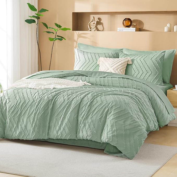 Litanika King Size Comforter Set with Sheets Sage Green - 7 Pieces Bed in a Bag King Boho Tufted Complete Bedding Sets with Comforter, Sheets, Pillowcases & Shams