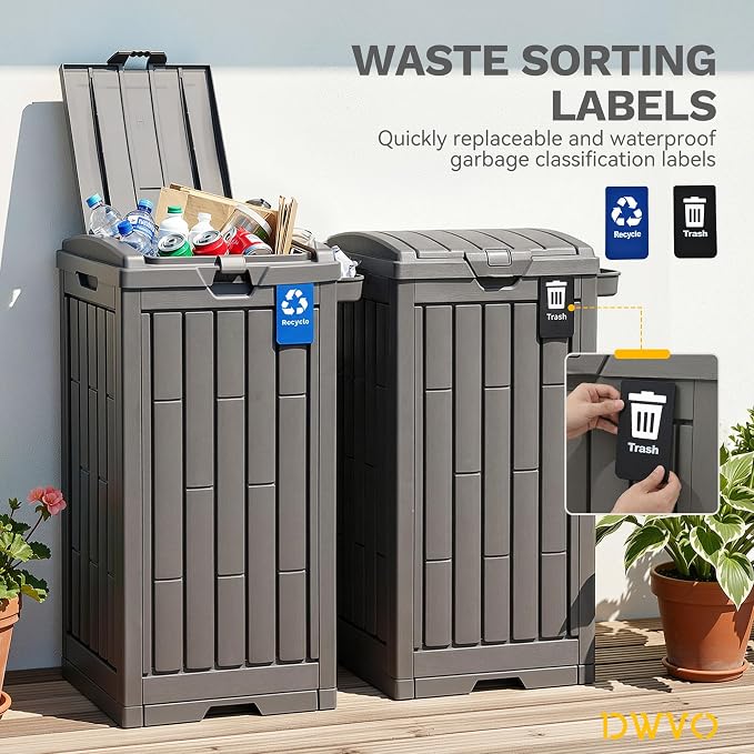DWVO 38 Gallon Outdoor Trash Can, Resin Garbage Bin with Lid, Includes 2 Sorting Labels, Ash Holder, Stakes & Suction Cups, Hideaway Storage for Patio Backyard Garden, Light Brown - Image 6