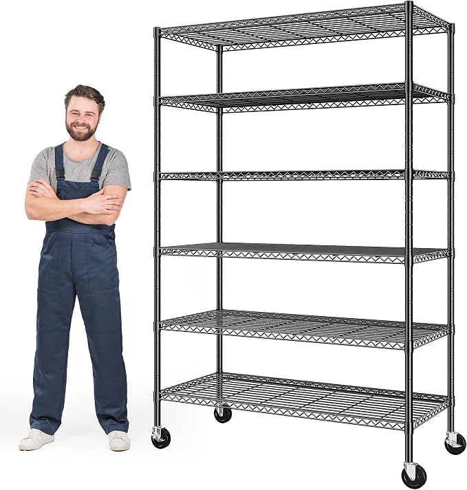 Romorgniz 82"H X45"W X18"D Storage Shelves with Wheels, 6 Tier Wire Shelving Adjustable Metal Shelving Pantry Shelves Capacity 1200LBS for Garage Shelving, Pantry, Kitchen, Closet, Commercial, Black by Romorgniz