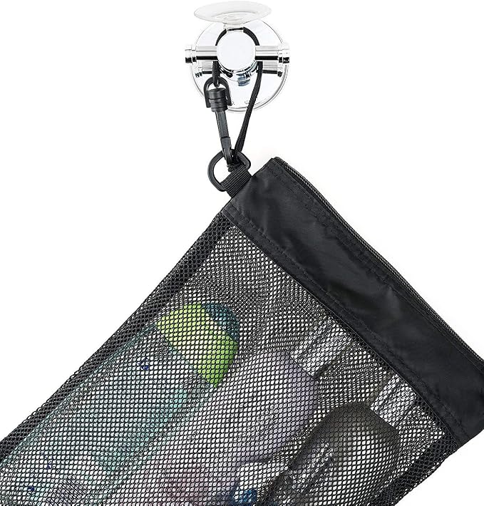 Shower Bag Tote, Mesh Caddy Toiletry Organizer 12”L x 9”W, Compact and Lightweight With Suction Cup, Cord for Hanging, Zipper and Drawstring Pouch 14”L x 10”W, Black - Image 6