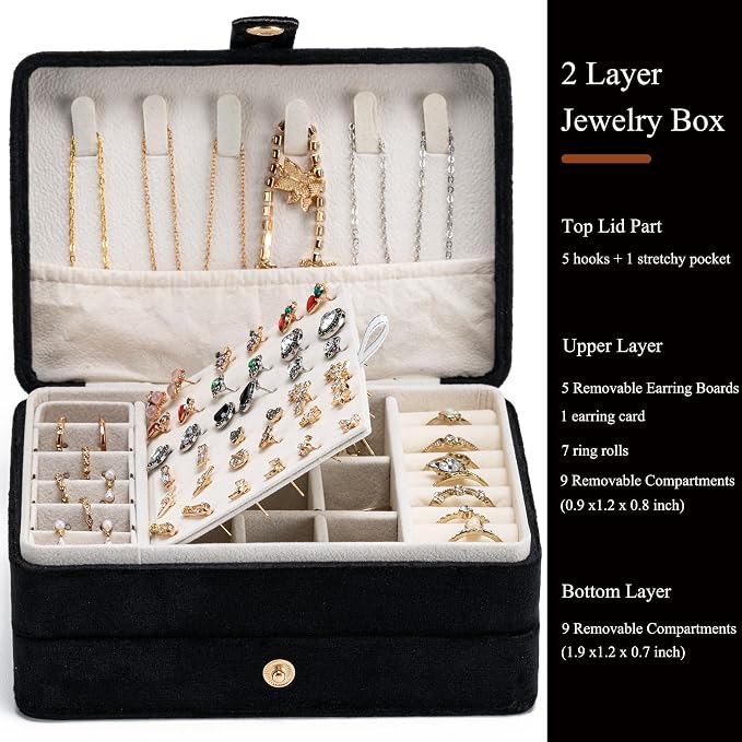 MODENGKONGJIAN Jewelry Organizer Box, 2-Layer Large Jewelry Storage Case, Portable Travel Jewelrys Display Holder for Earrings, Necklaces, Bracelets (Black,Velvet) - Image 2