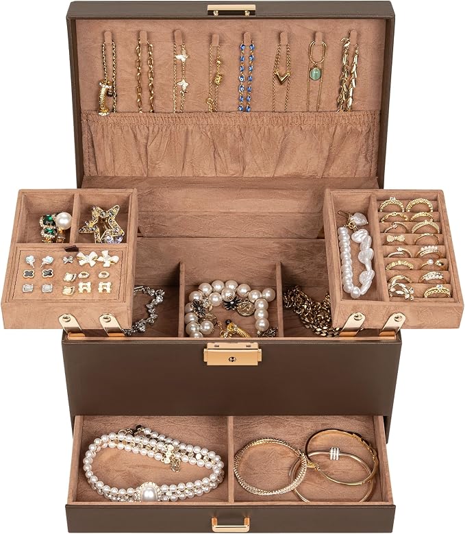 AKOZLIN Travel Jewelry Box Organizer Functional 2-trays Leather Jewelry Storage Case with Lockable Portable Drawer for Women Girls Ring Necklace Earring Bracelet - Image 2