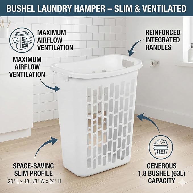 Bushel Laundry Hamper, Slim Rectangular Ventilated Plastic Clothes Basket, Heavy Duty Washing Bin With Reinforced Handles for Bathroom, Dorm, and Closet Organization, White, 1 Pack - Image 5