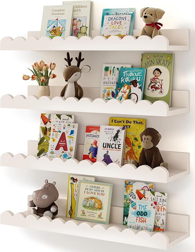 Shario Nursery Book Shelves, 4-Pack White Floating Shelves for Wall Kids, Scalloped Shelves, Wall Book Shelves for Bedroom Kids, Toddler Room, Baby Room, Nursery Decor by Shario