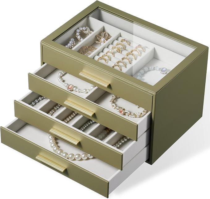 Jewelry Box Organizer Case for Women: 4-Layer Jewelry Storage Case with Glass Window, Olive Green Leather with Cream Velvet, Holder for Ring Necklace Bracelet Brooch Watch, Great Gift for Her - Image 9