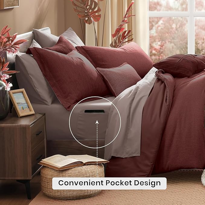 Monbix California King Comforter Set - 7 Pieces Cationic Dyeing Dark Red Bed in a Bag Cal King Bedding Sets with Comforter, Sheets, Pillowcases & Shams, Reversible Bedding Comforters Sets