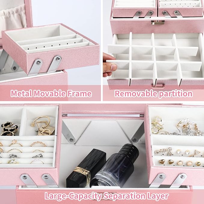 Dajasan Jewelry Boxes for Women Girls, Jewelry Storage Organizer, 4 Layers Large Jewelry Organizer Box with 2 Drawers for Friends, Wife or Mother Gift (Pink) - Image 5