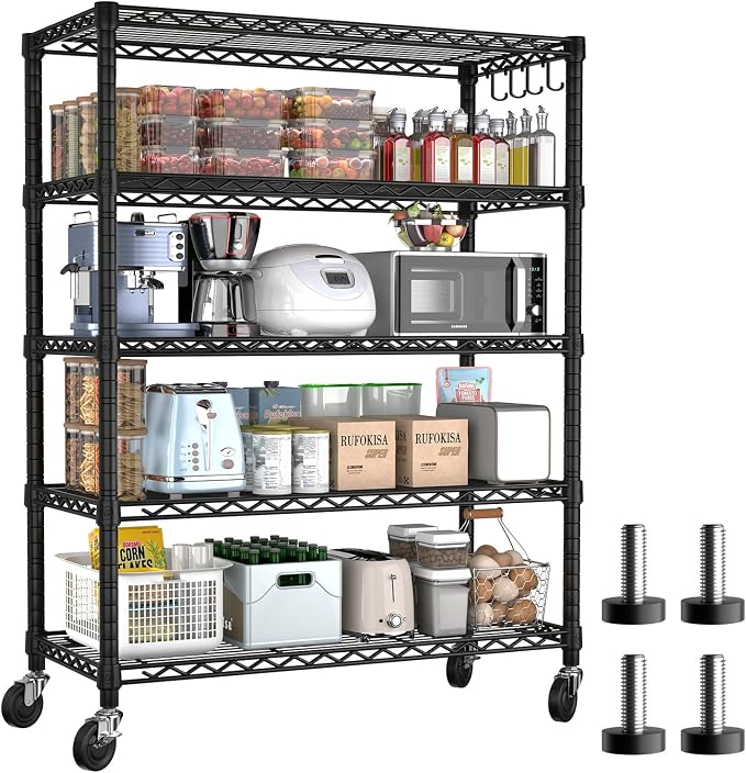 PrimeZone 74''H Wire Shelving 1250lbs 5 Tier Storage Shelves with Wheels NSF Certified Heavy Duty Steel Metal Shelf Adjustable Rolling Rack Kitchen Garage Closet Pantry Laundry 74''HX36''WX14''D by PrimeZone