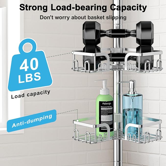 Corner Shower Caddy Tension Pole 4 Tier Adjustable Stainless Steel Shower Shelf for Inside Shower Bathtub Shampoo,Standing Bathroom Organizer Shelves with 39 to 113 inch Height - Image 5