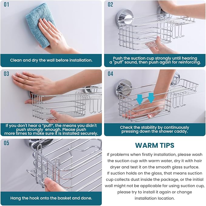 TAILI Shower Caddy Suction Cup 2 Pack with Hooks and Soap Holder, Heavy Duty Shower Organizer for Bathroom, No Drilling Silver Bathroom Suction Shelves-Silver - Image 7