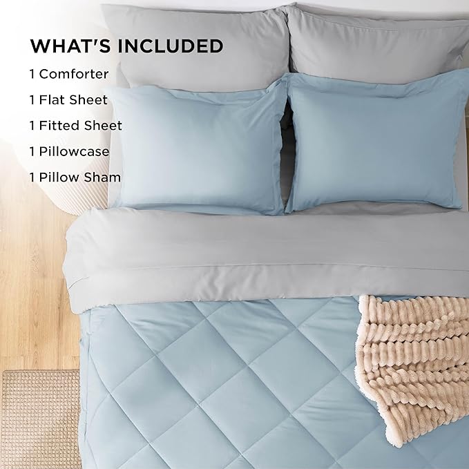 Bedsure Twin Comforter Set - 5 Pieces Reversible Sky Blue Bedding, Twin Size Bed Set for All Seasons, Bed in a Bag with Down Alternative Comforter, Sheets, Pillowcase & Sham