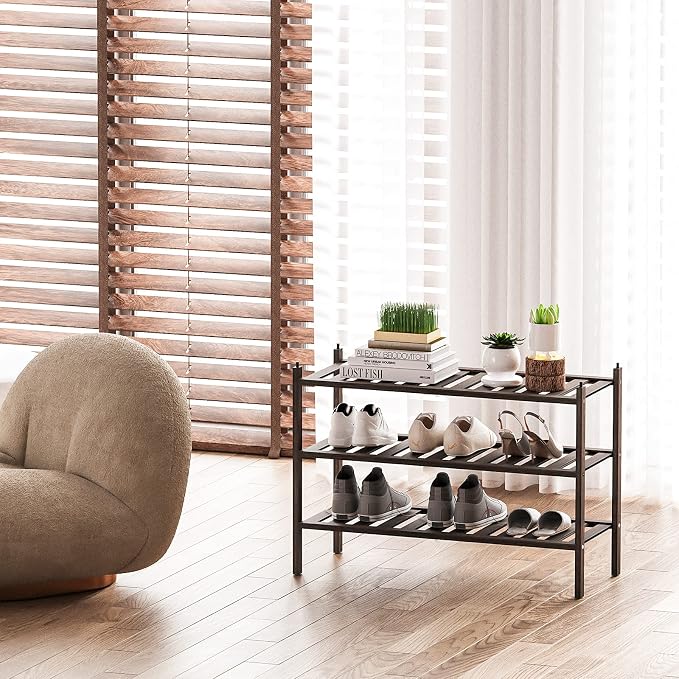 Dranixly Shoe Rack, 3-Tier Bamboo Stackable Shelf Storage Organizer, Stand for Closet, Entryway, Hallway, Bathroom and Living Room（Mocha） - Image 4