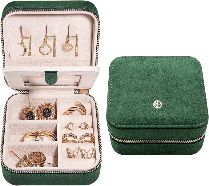 S.Leaf Travel Jewelry Organizer Boxes for Women Small Portable Necklace Earrings Bracelet Rings Travel Case Best Friend Birthday Gifts for Women Trendy (08_Suede_Touch_Emerald) by SLeaf