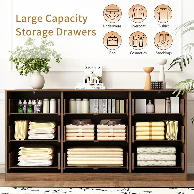 9 Drawer Dresser and Nightstand Sets for Bedroom, 3 Pcs Bedroom Set，Night Stand Set of 2 & 9 Drawer Dresser with Gold Handles, Modern Wood Chest of Drawers Storage Cabinet Set, Natural