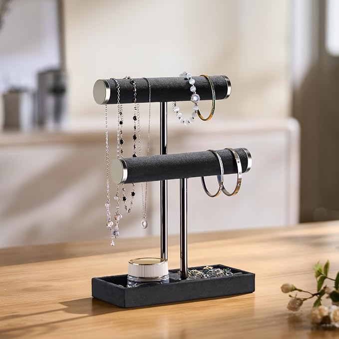 bussdis 2 Tier Bracelet Holder Display - Detachable T Bar Black Velvet Bracelet Holder, Jewelry Holder Organizer for Bracelet, Necklace, Earrings, Rings - Image 2