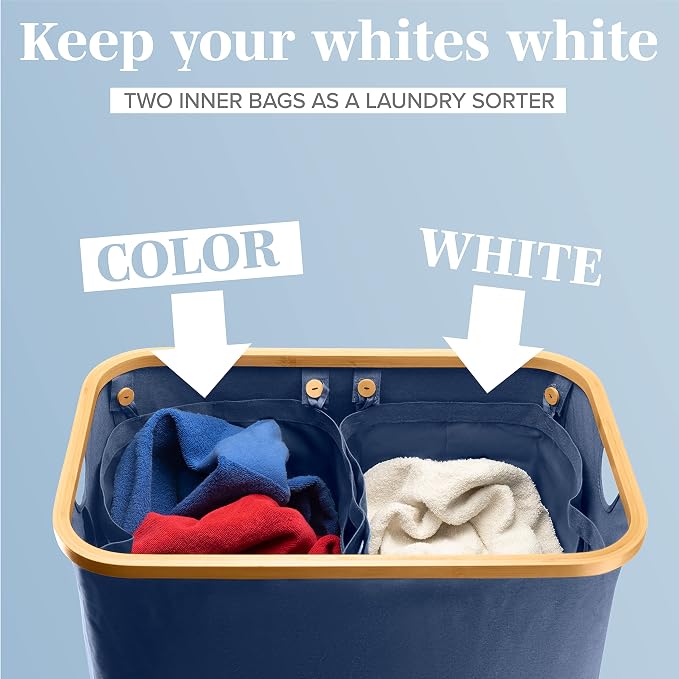 LONBET Laundry Basket with Lid, Made from Breathable Fabric | Aesthetic Clothes Hampers for Laundry with Side Handles & Sturdy Bamboo Frame (40 Gallons - Double, Blue) - Image 5