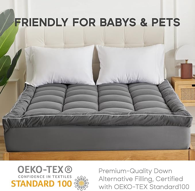 Sonive Twin Mattress Protector, Extra Thick Pillow-Top Mattress Topper with Premuim 1000gsm Alternative Filling, Fluffy Soft Quilted Mattress Pad, Mattress Cover Oeko-Tex Certified Grey