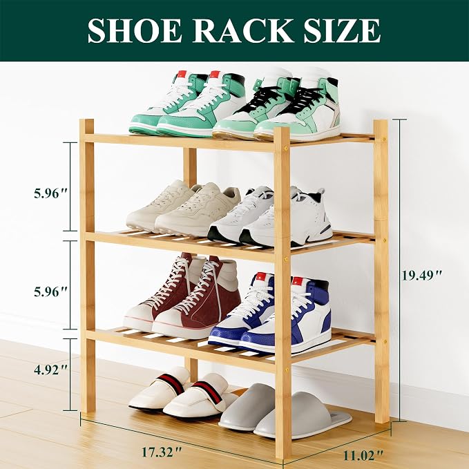 Smiry Shoe Rack, 3 Tier Small Bamboo Shoe Organizer, Stackable Free Standing Wooden Shoe Storage Shelf for Closet, Entryway, Front Door Entrance, Natural - Image 2