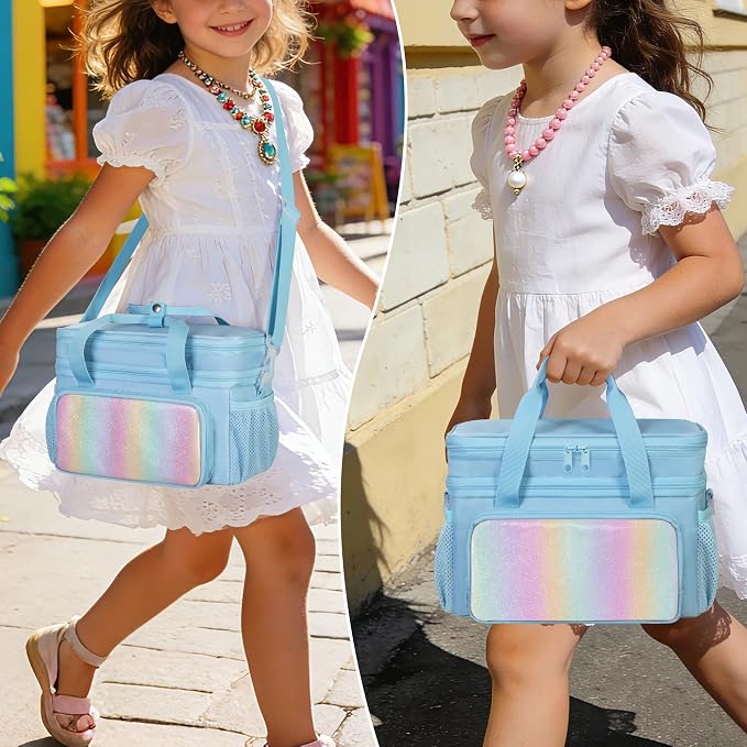 GRAOSO Double Layer Jewelry Organizer Storage for Kids Girls, Travel Jewelry Case Bag, Portable Jewelry Box with Handle and Detachable Shoulder Strap for Necklaces, Earrings, Rings, Blue (Case Only) - Image 4