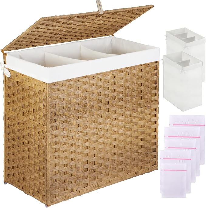 Greenstell Laundry Hamper with Lid, 125L Large Clothes Hamper with 3 Section & 2 Section Removable Liner Bags & 5 Mesh Laundry Bags, Handwoven Synthetic Rattan Divided Laundry Basket, Natural by Greenstell