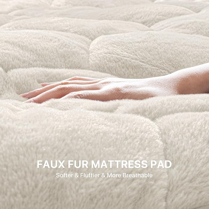 Faux Fur Fitted Mattress Pad Quilted Bottom Sheet, Fluffy Mattress Protector Cover, Luxury Soft Fitted Sheet Mattress Topper with 8-21" Deep Pocket Queen