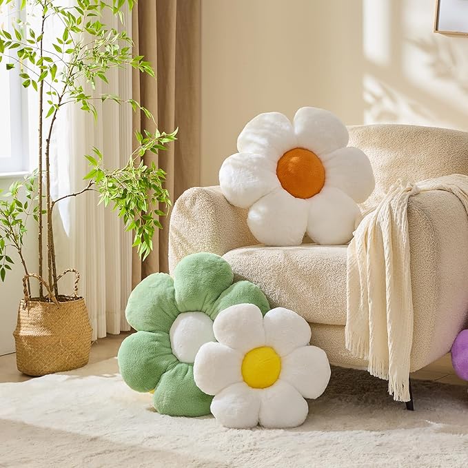 CANGHI Flower Pillows Flower Shaped Throw Pillow Cute Daisy Pillows Seating Cushions for Adults Kids Home Bedroom Sofa Chair Couch Decor (4pcs White/Yellow/Grren/Blue, 15.74 inch)