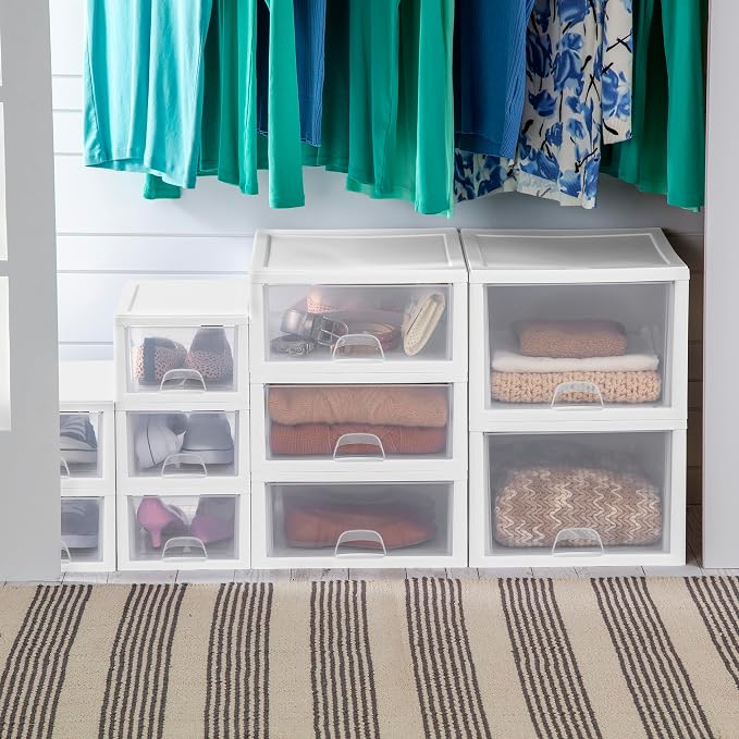 Sterilite 24-Pack 16 Quart Stacking Drawer, Clear Storage Closet Organizer, White Frame - Stackable Modular Plastic Drawers for Clothes, Accessories, Craft Supplies, Shoes or Linens - Image 8