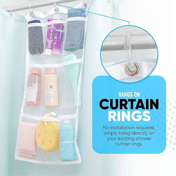 Handy Laundry Shower Curtain Bathroom Organizer -9 Pockets- Perfect for Organizing Home Bath, Your Toiletries and kid's Toys in Nine Durable Deep Mesh Pockets. Hang on Existing Shower Curtain Rings. - Image 6