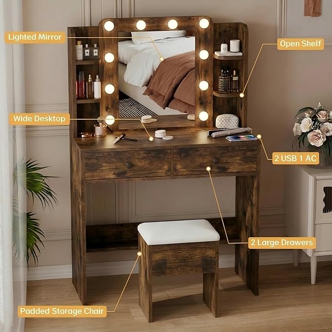 Haewon Vanity Desk with Mirror and Lights, Makeup Vanity with 10 LED Bulbs and 3 Color Modes, Dressing Table Set with Power Outlets, Storage Drawers and Chair for Bedroom, Vintage Brown
