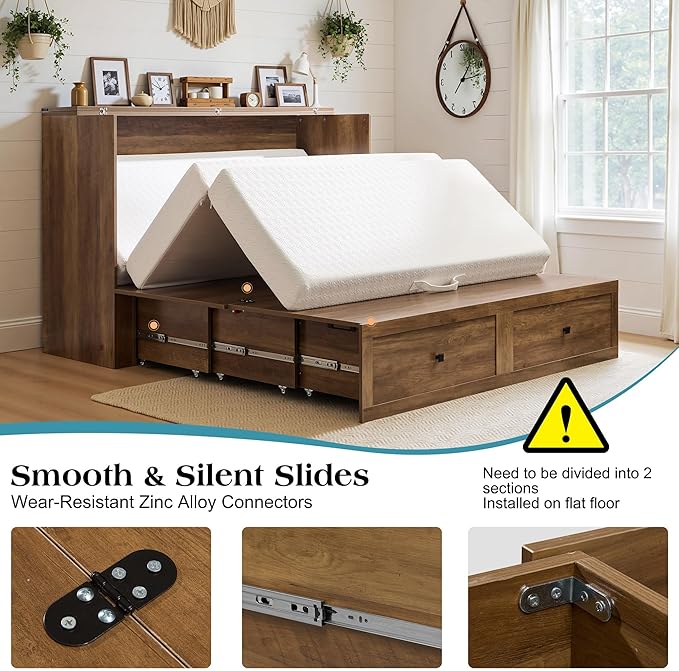 LUXOAK Queen Murphy Bed with Storage and Charging Station, Farmhouse Cabinet Bed, Noise-Free, for Guest Room, Apartment, or Office, Barnwood