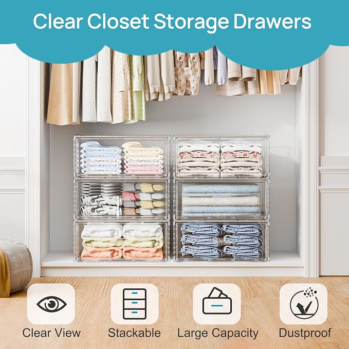 Vtopmart 2 Pack Large Clear Stackable Storage Drawers 27QT, Easily Assemble Plastic Closet Storage Bins, Dust-Proof UnderBed Organizer for Clothing, Sweater Organization - Image 4