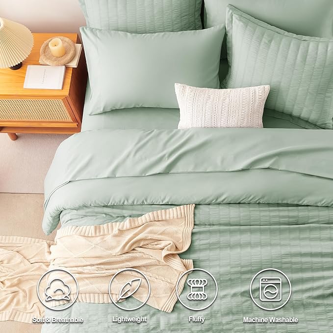 CozyLux Full Size Comforter Sets with Sheets 7 Pieces, Sage Green Seersucker Bed in a Bag Textured Luxury Soft Bedding Sets with Down Alternative Comforter, Sheets, Pillowcases & Shams for All Seasons